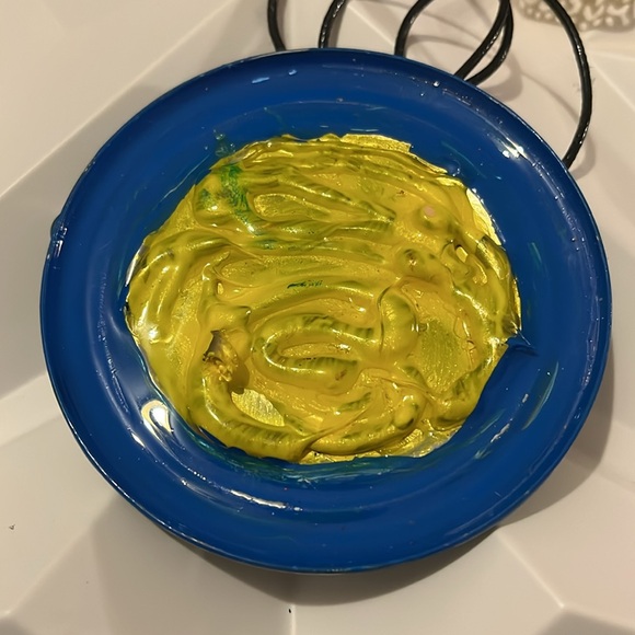 Reversible Artistic Circular Blue and Yellow Handmade Necklace - Picture 13 of 17